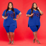 SC Plus Size Pink Letter Print V Neck T Shirt And Shorts Suits WAF-714382