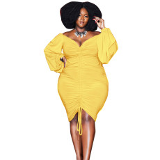 SC Plus Size Solid Drawstring Ruched Long Sleeve Bodycon Dress WLDF-80258