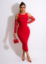 SC Solid Off Shoulder Mesh Sleeve Split Slim Midi Dress MIL-L300