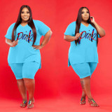 SC Plus Size Pink Letter Print V Neck T Shirt And Shorts Suits WAF-714382