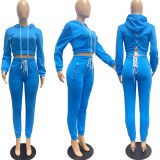SC Solid Plush Hooded Lace Up Long Sleeve 2 Piece Pants Set JPF-1056