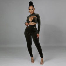 Sexy Velour Long Sleeve Hollow Out Bandage Jumpsuit CYA-9522