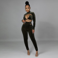 SC Sexy Velour Long Sleeve Hollow Out Bandage Jumpsuit CYA-9522