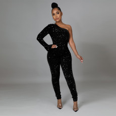 SC Sexy Sequin One Shoulder Long Sleeve Jumpsuit CYA-9585