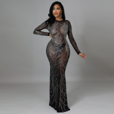 Sexy Hot Drilling Long Sleeve Maxi Eveing Dress (Without Underpants)CYA-9581