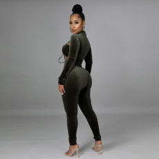 SC Sexy Velour Long Sleeve Hollow Out Bandage Jumpsuit CYA-9522