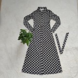 SC Casual Printed Long Sleeve Sashes Long Dress CY-6594