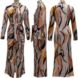 SC Casual Printed Long Sleeve Sashes Maxi Dress SMR-10828