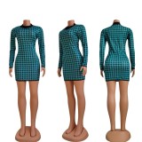 SC Houdstooth Print Long Sleeve Slim Mini Dress CY-6593