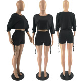SC Solid 3/4 Sleeve Crop Top Drawstring Shorts 2 Piece Sets FOSF-8116