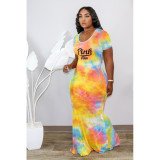 SC Plus Size Tie Dye Print Short Sleeve Maxi Dress YFS-10050