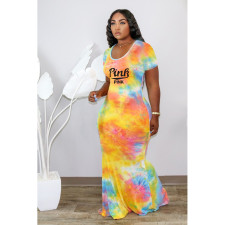 Plus Size Tie Dye Print Short Sleeve Maxi Dress YFS-10050
