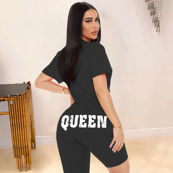 SC QUEEN Letter Print T Shirt And Shorts 2 Piece Suits WAF-741525