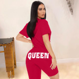 SC QUEEN Letter Print T Shirt And Shorts 2 Piece Suits WAF-741525