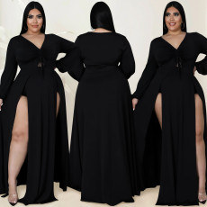 SC Plus Size Solid V Neck Long Sleeve High Split Maxi Dress (With Underpants)BY-5610
