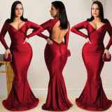 SC Sexy V Neck Long Sleeve Backless Maxi Evening Dress BY-5627