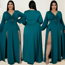 Plus Size Solid V Neck Long Sleeve High Split Maxi Dress (With Underpants)BY-5610