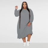 SC Plus Size Solid Hooded Long Sleeve Loose Midi Dress BMF-094