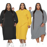 SC Plus Size Solid Hooded Long Sleeve Loose Midi Dress BMF-094