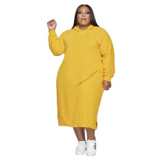 Plus Size Solid Hooded Long Sleeve Loose Midi Dress BMF-094