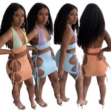 SC Sexy Halter Crop Top Hollow Lace Up Mini Skirt Sets NYMF-CL226