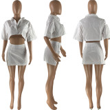 SC Solid Cropped Shirt Mini Skirt 2 Piece Sets NYMF-CL204