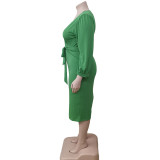SC Plus Size Solid V Neck Long Sleeve Sashes Midi Dress WAF-77249