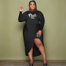 SC Plus Size Pink Letter Long Sleeve Midi Dress XMF-098