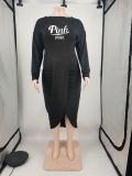 SC Plus Size Pink Letter Long Sleeve Midi Dress XMF-098