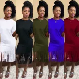 SC Plus Size Solid Tassel O Neck Short Sleeve Midi Dress NY-8837