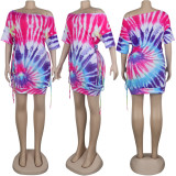 SC Tie Dye Print Short Sleeve Lace-Up Mini Dress NY-8889