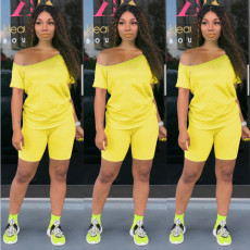 SC Plus Size Solid Slash Neck Two Piece Shorts Set NY-8909