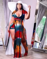 SC Plus Size Sexy Printed Short Sleeve Split Maxi Skirt Sets NY-2116