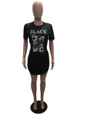 SC Black Poker Print Short Sleeve Mini Dress SHA-86298