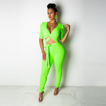 SC Solid V Neck Two Piece Pants Set NY-8781