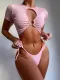 SC Solid Color Short Sleeve Sexy Cutout Swimsuit Two Piece Set CSYZ-B296W