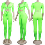 SC Solid V Neck Two Piece Pants Set NY-8781