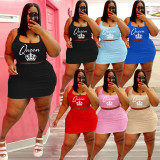 SC Plus Size Queen Letter Print Tank Top Mini Skirt 2 Piece Sets WAF-7211147