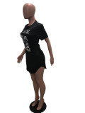 SC Black Poker Print Short Sleeve Mini Dress SHA-86298