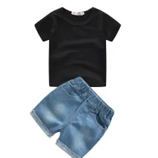 SC Kids Boy Black T Shirt+Jeans Shorts 2 Piece Sets YKTZ-g16