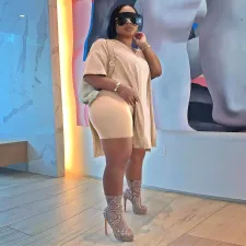 SC Plus Size Solid Split Top And Shorts 2 Piece Sets NY-2095