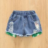 SC Kids Girl Tie Dye Slash Neck Top+Ripped Jeans Shorts Suits YKTZ-2222