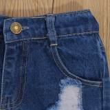 SC Kids Girl Slash Neck Top+Ripped Jeans Shorts 2 Piece Sets YKTZ-2080
