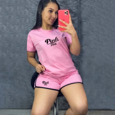 SC Pink Letter T Shirt And Shorts Sports 2 Piece Sets XMF-099