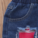 SC Kids Girl Letter Tank Top+Hole Jeans Shorts 2 Piece Sets YKTZ-21123