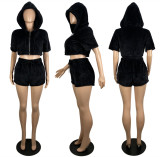 SC Sexy Solid Plush Bra Top+Hooded Coat+Shorts 3 Piece Sets LSL-6464