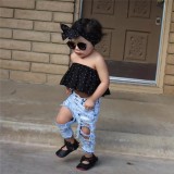 SC Kids Girl Dot Print Tube Top+Hole Jeans+Headband 3 Piece Sets YKTZ-196