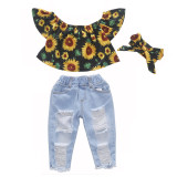 SC Kids Girl Printed Top+Hole Jeans Pants+Headband 3 Piece Sets YKTZ-1281
