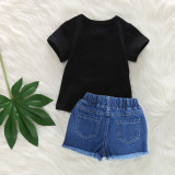 SC Kids Girl Black T Shirt+Hole Jeans Shorts 2 Piece Sets YKTZ-1159