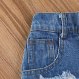 SC Kids Girl Slash Neck Top+Jeans Shorts+Headband 3 Piece Sets YKTZ-1528